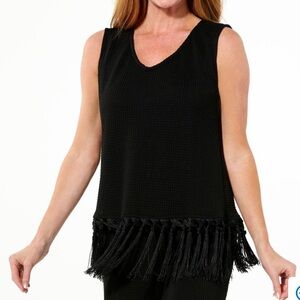 Colleen Lopez Sleeveless Black Fringe V-Neck Top Size 2X